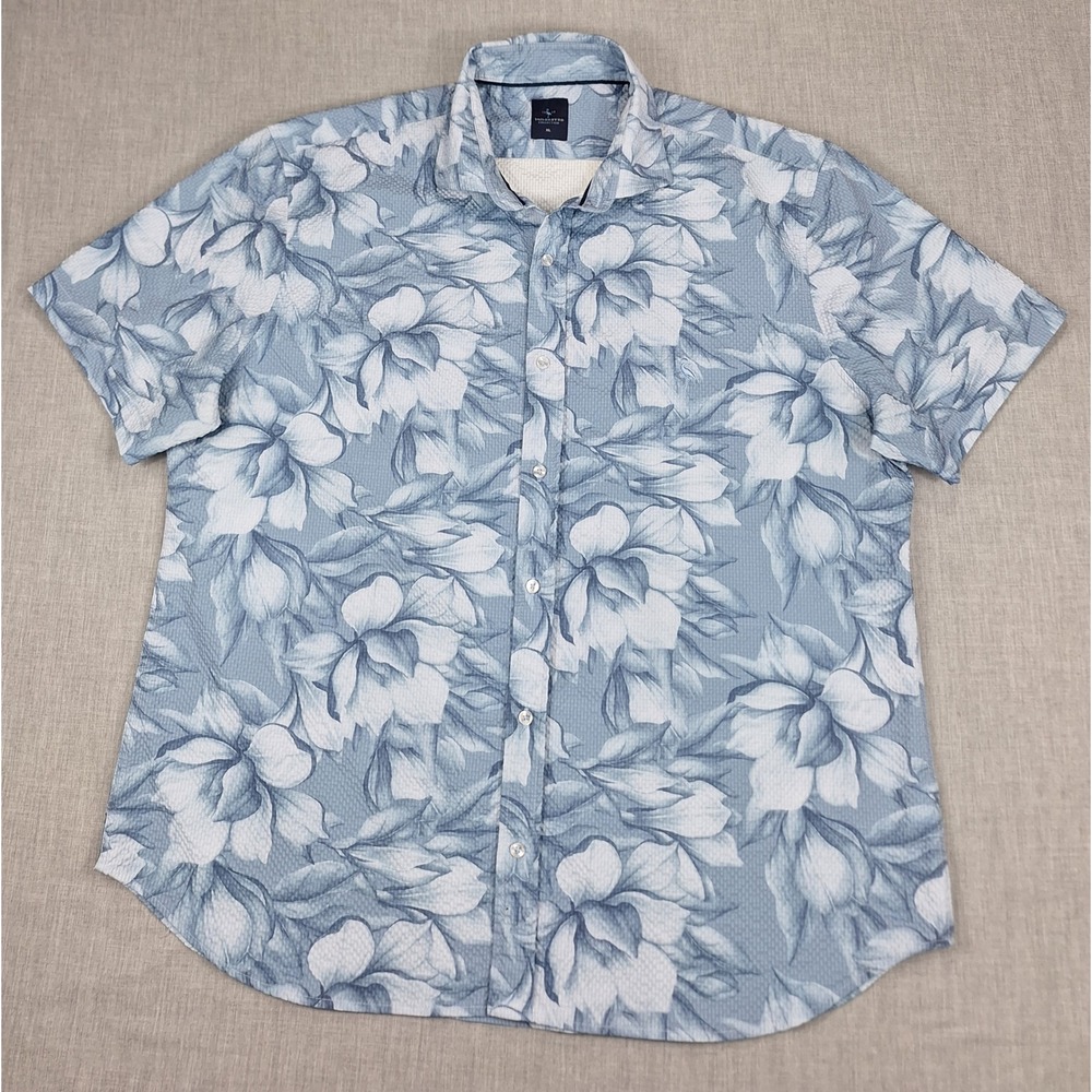 Tailorbyrd Collection Mens XL Blue Floral Seersucker Short Sleeve Button Down
